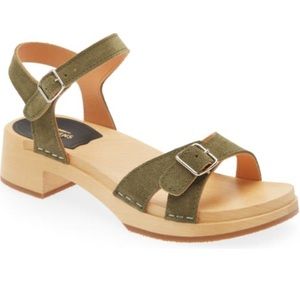 Swedish Hasbeens Low Sandal Olive Calf Hair Suede Size 6 New in Box